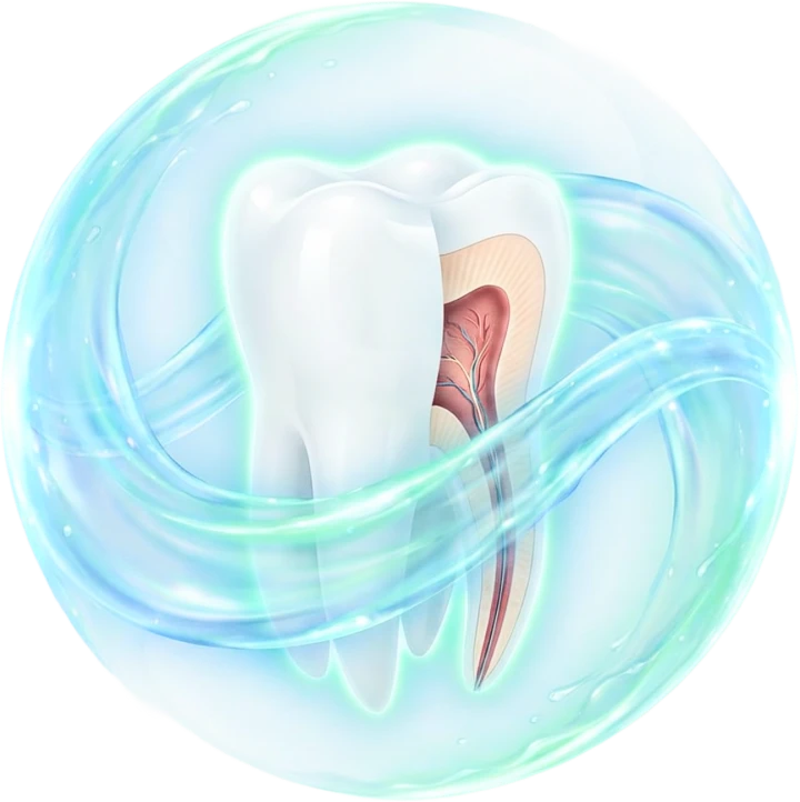 Healthy tooth illustration showing DentaBiome postbiotic protection from FabM acid-lock and harmful oral bacteria